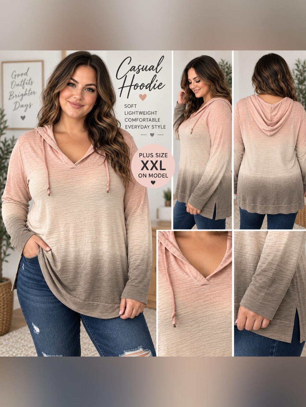 Earth Yoga Women’s XXL Pink Brown Ombre Lightweight Hooded Top Organic Cotton